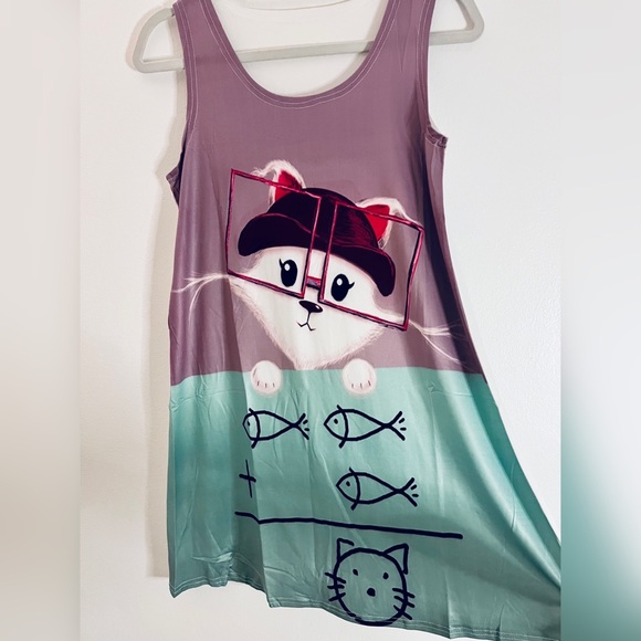 NWT SLEEVELESS CASUAL T-SHIRT A-LINE MINI DRESSES CAT PRINT CREWNECK BEACH TANK - Picture 3 of 8